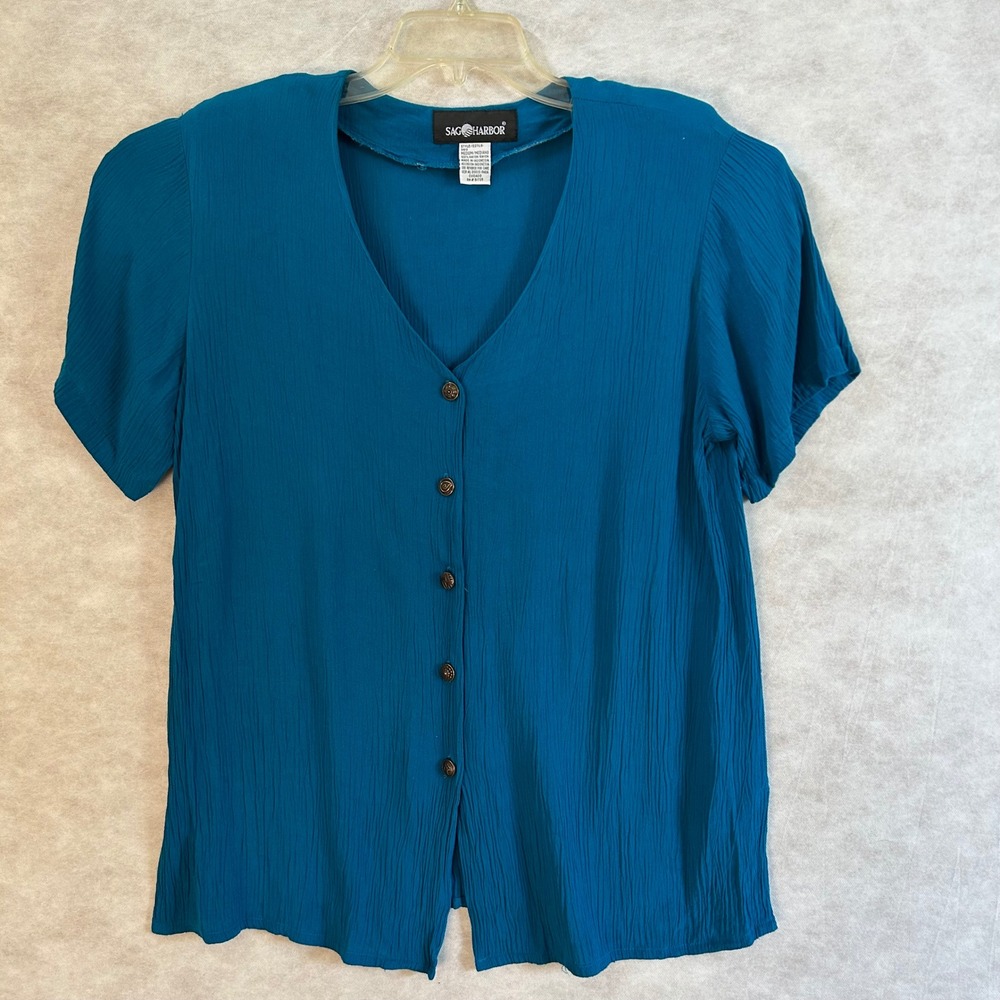 Sage Harbor Womens Medium Button Up Top Short Sleeve Teal Casual Blouse